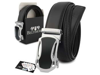 Elegancki, czarny pasek męski skórzany z klamrą automatyczną 125 cm Beltimore