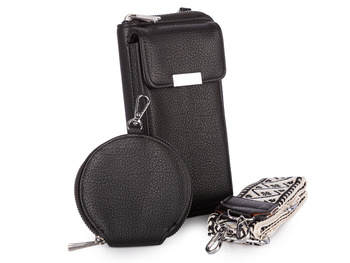 Czarny duży portfel damski z kieszenią na telefon 3w1 z paskiem i saszetką