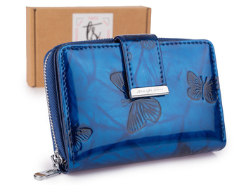 Niebieski portfel damski lakierowany z wytłoczonymi motylkami RFID Jennifer Jones