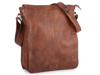 Elegancka pionowa torba męska na ramię brązowa z klapą A4