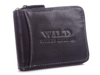 Black leather men's zippered wallet for pants pocket WILD