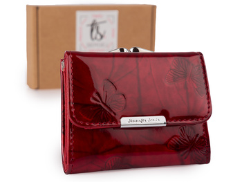 Mały portfel damski lakierowany czerwony w motylki zapinany na bigiel Jennifer Jones