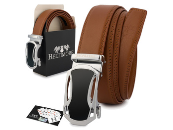 Elegancki, brązowy pasek męski skórzany z klamrą automatyczną 125 cm Beltimore