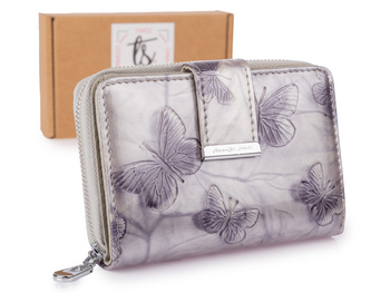 Srebrny portfel damski lakierowany z wytłoczonymi motylkami RFID Jennifer Jones