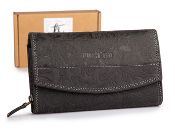 Czarny poziomy portfel damski z tłoczeniem floral w stylu vintage Franko