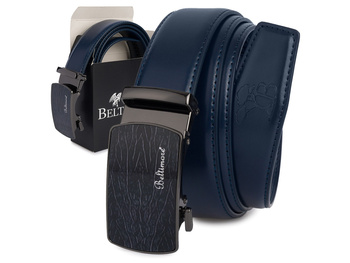 Elegancki, granatowy pasek męski skórzany z klamrą automatyczną 125 cm Beltimore