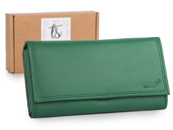 Zielony portfel damski skórzany, duży, poziomy, Franko