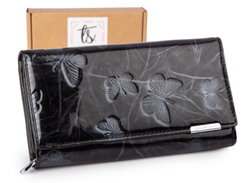 Duży lakierowany portfel damski czarny z motylkowym wzorem Jennifer Jones