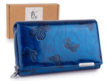 Niebieski portfel damski lakierowany w tłoczone motylki, duży, RFID