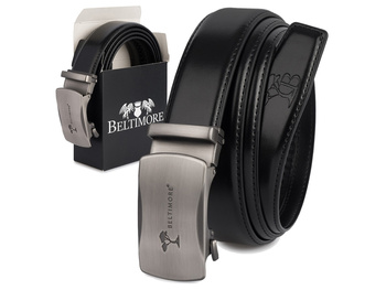 Elegancki, czarny pasek męski skórzany z klamrą automatyczną Beltimore 125 cm