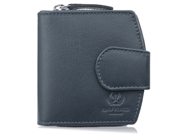 Granatowy portfel damski skórzany średniej wielkości na zatrzask i zamek błyskawiczny Paolo Peruzzi