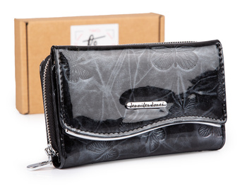 Czarny duży lakierowany portfel damski z tłoczeniem w motylki Jennifer Jones