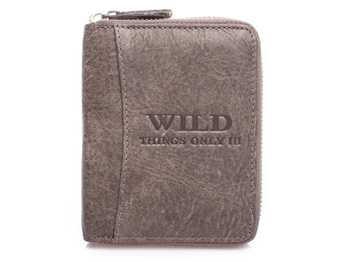 Szary skórzany pionowy portfel męski zapinany dookoła na zamek błyskawiczny