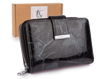 Czarny portfel damski lakierowany z wytłoczonymi motylkami RFID Jennifer Jones