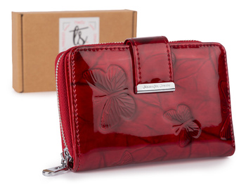 Czerwony portfel damski lakierowany z wytłoczonymi motylkami RFID Jennifer Jones