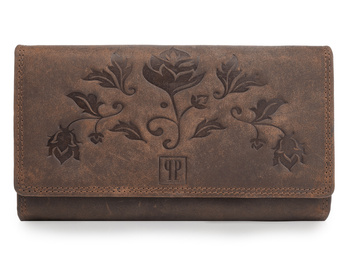 Ciemnobrązowy skórzany portfel damski vintage z tłoczeniem kwiatowym Paolo Peruzzi