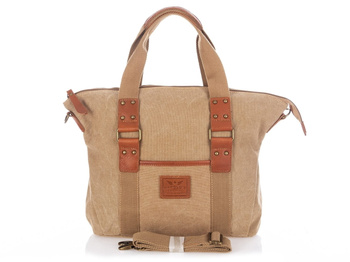 Beżowo-brązowa torebka damska canvasowa ze skórzanymi wstawkami