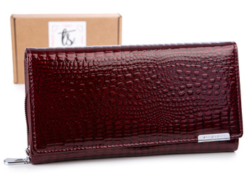 Maroon large women's lacquered wallet with zippered coin pocket