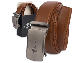 Elegancki, brązowy pasek męski skórzany z klamrą automatyczną 125 cm