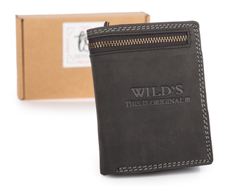 Pionowy portfel męski skórzany w kolorze czarnym z szerokim zamkiem na zewnątrz