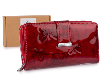 Jennifer Jones Duży czerwony portfel damski z tłoczonymi motylkami RFID lakierowany