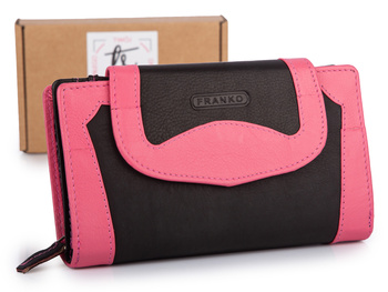 Duży portfel damski czarno-różowy, uszyty z miękkiej skóry naturalnej Franko