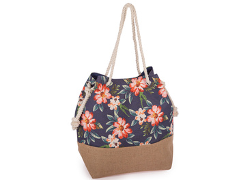 Duża torba damska  granatowa z wzorem w kolorowe kwiaty vintage shopperka