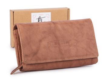 Duży, beżowy portfel damski Money Maker ze skóry naturalnej