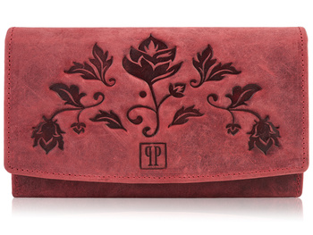 Duży czerwony portfel damski ze skóry naturalnej z tłoczeniem kwiatowym