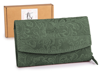 Zielony poziomy portfel damski z tłoczeniem floral w stylu vintage Franko