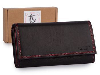 Czarno-czerwony portfel damski skórzany, poziomy, duży Franko