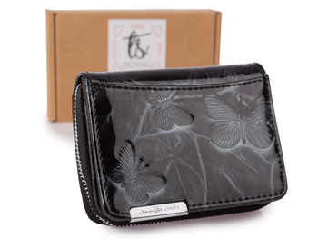 Jennifer Jones Lakierowany portfel damski do małej torebki czarny w motylki