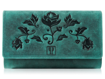 Duży, poziomy portfel damski skórzany w stylu vintage z kwiatowym wzorem RFID