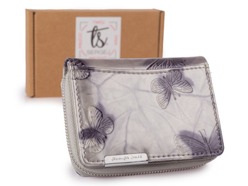 Jennifer Jones Lakierowany portfel damski do małej torebki srebrny w motylki