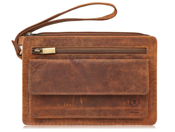 Duża, brązowa, skórzana saszetka męska na dokumenty z paskiem na rękę
