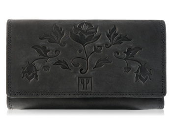 Czarny skórzany portfel damski vintage z tłoczeniem kwiatowym Paolo Peruzzi