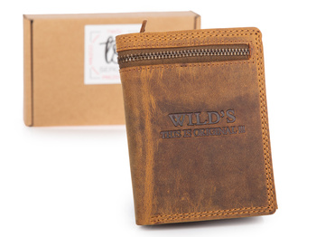 Pionowy portfel męski skórzany w kolorze brązowym z szerokim zamkiem na zewnątrz