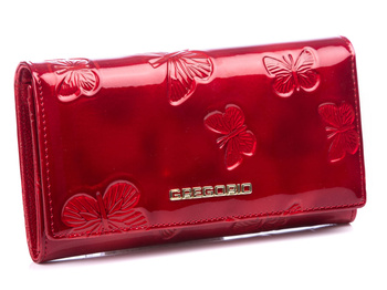 Lakierowany czerwony portfel damski z motylkami Gregorio