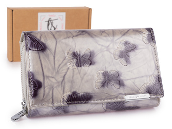 Srebrny portfel damski lakierowany w tłoczone motylki, duży, RFID