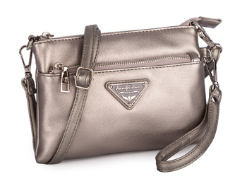 Elegancka mała wieczorowa srebrna torebka damska na ramię ze złotymi detalami