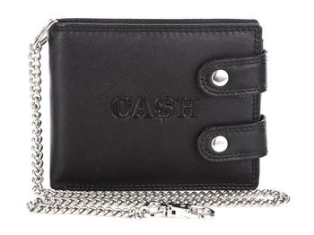 Men's black leather wallet with metal chain Cash