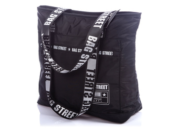 Czarna, lekka shopperka damska materiałowa z napisami Bag Street