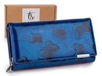 Jennifer Jones niebieski lakierowany portfel damski z motylkami duży RFID