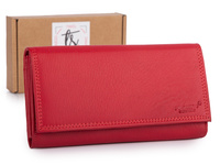 Czerwony portfel damski skórzany, duży, poziomy Franko