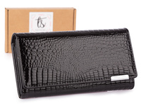 Pojemny czarny lakierowany portfel damski poziomy RFID Jennifer Jones