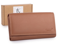 Jasnobrązowy portfel damski skórzany, duży, poziomy Franko