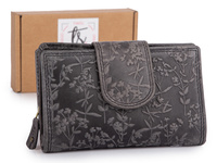 Duży portfel damski skórzany szyty ręcznie z kwiatowym wzorem czarny