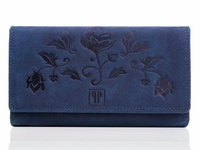 Granatowy skórzany portfel damski vintage z tłoczeniem kwiatowym Paolo Peruzzi