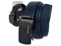 Elegancki, granatowy pasek męski skórzany z klamrą automatyczną 125 cm Beltimore