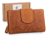 Duży portfel damski skórzany szyty ręcznie z kwiatowym wzorem jasnobrązowy